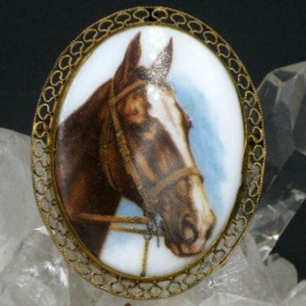 Vintage Horse Head Transfer Print Porcelain Brooch